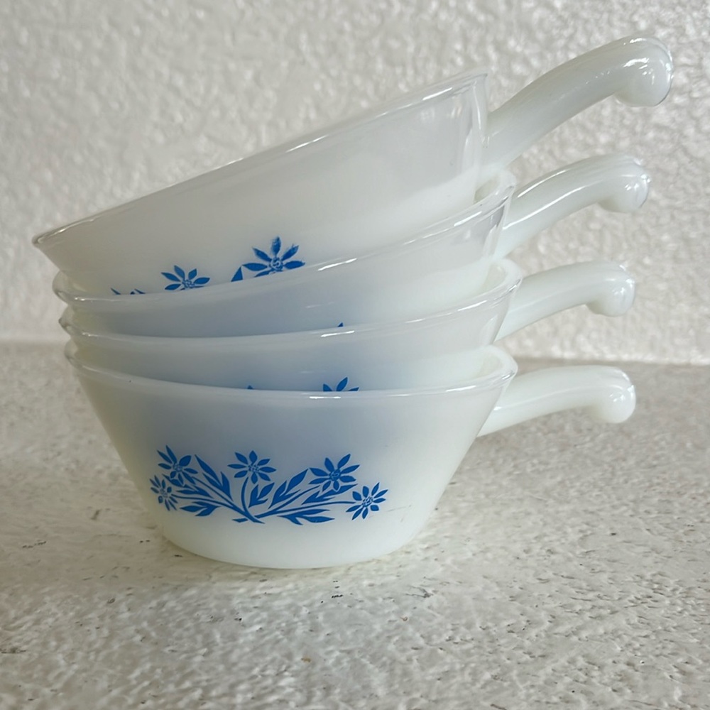 VTG Anchor Hocking FireKing Ware Blue Floral Milk Glass Handled Bowls Set of 4